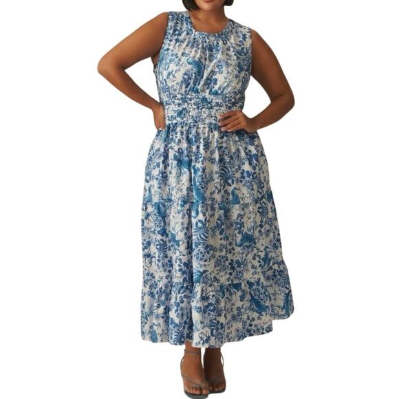 ANTHROPOLOGIE Sleeveless Poplin Smocked Midi Dress Floral Blue White - 3X NWT - Picture 1 of 3